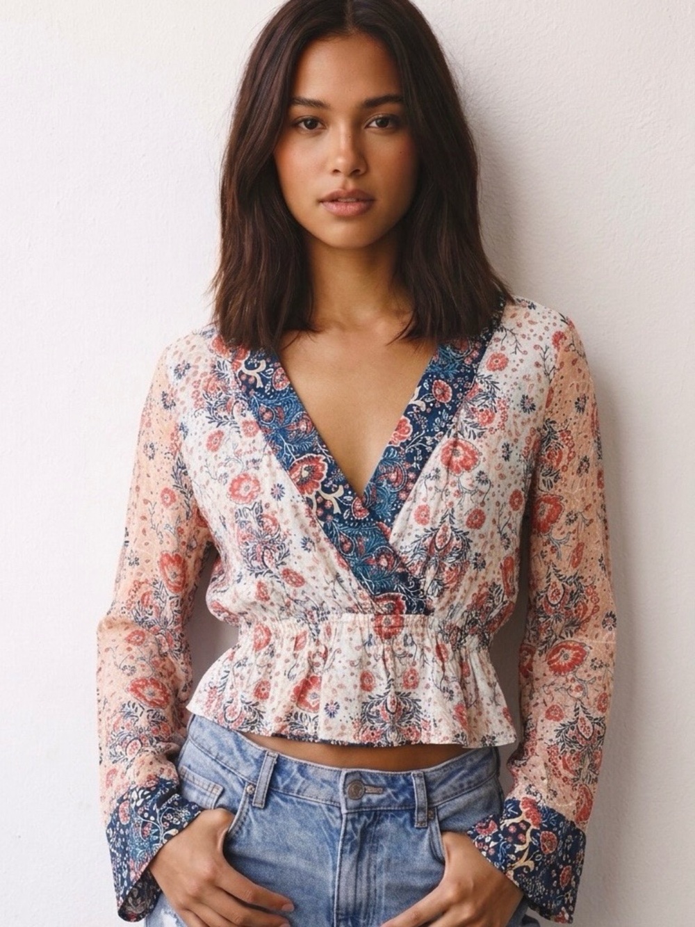 Love Stitch Floral Boho Wrap Peplum Top Size Medium NWT